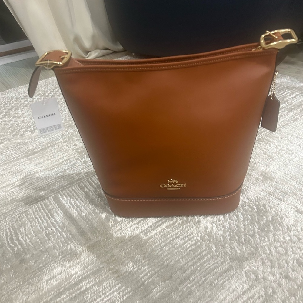 Coach Tan Leather Bucket Bag with Gold Accents